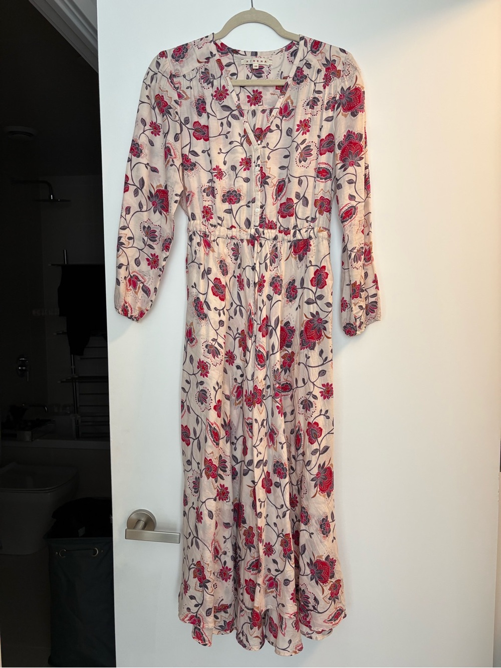 XiRENA Cream Maxi Dress with Red Floral Print